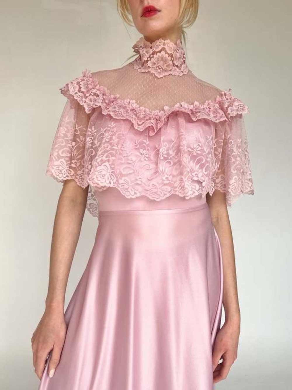 Vintage 80s JC Penney Lace Prom Maxi Dress Light Pink Modern 10/12 Prairie Gown - Picture 3 of 13